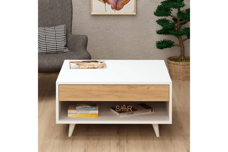 Soffbord Naidaj 80 cm med Förvaring Låda + Hylla - Trä/Vit - Soffbord