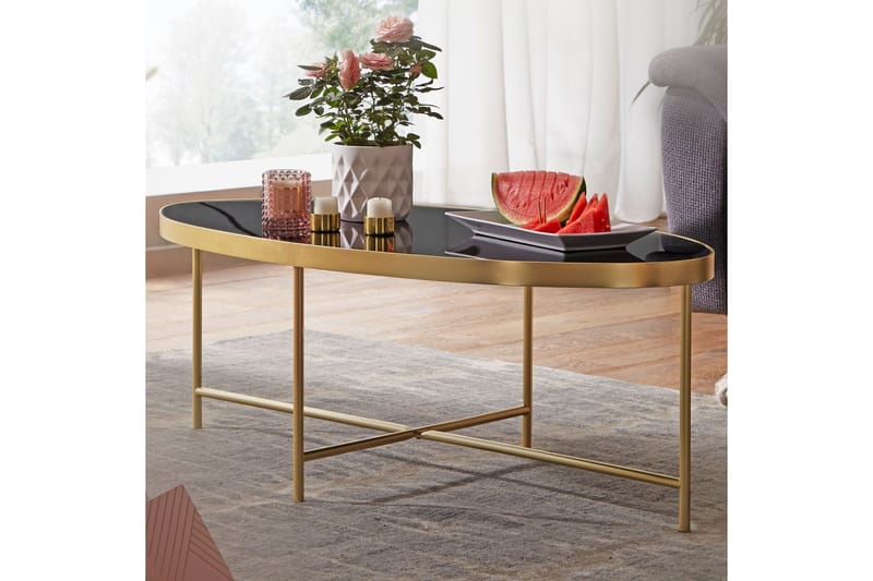 Soffbord Nisarg 110 cm Ovalt - Glas/Svart/Guld - Soffbord