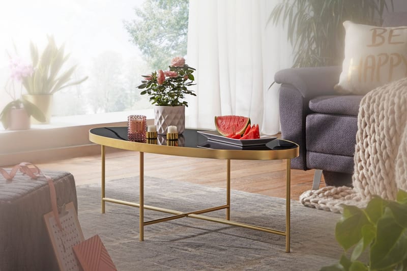 Soffbord Nisarg 110 cm Ovalt - Glas/Svart/Guld - Möbler - Bord & matgrupp - Soffbord