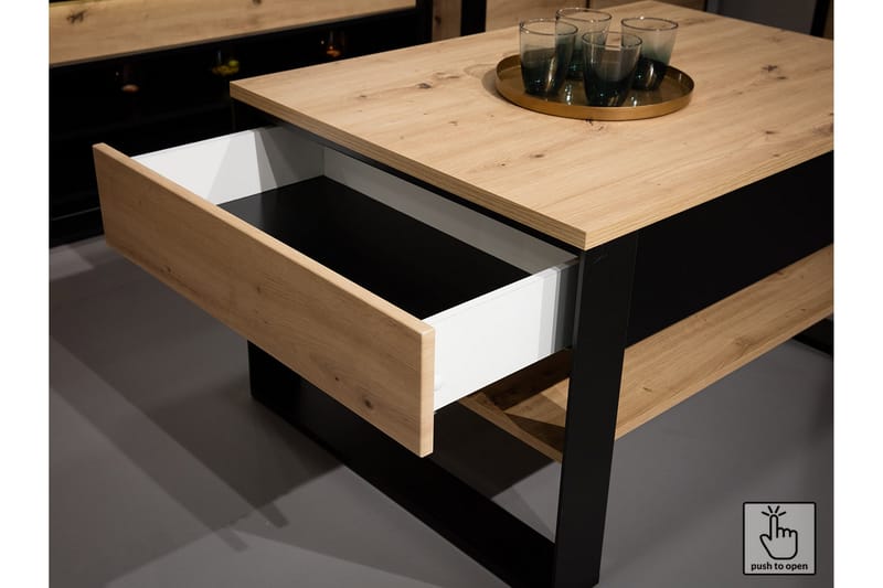 Soffbord Quant 100 cm med Förvaring 2 Lådor + Hylla - Ekfärg/Svart - Soffbord