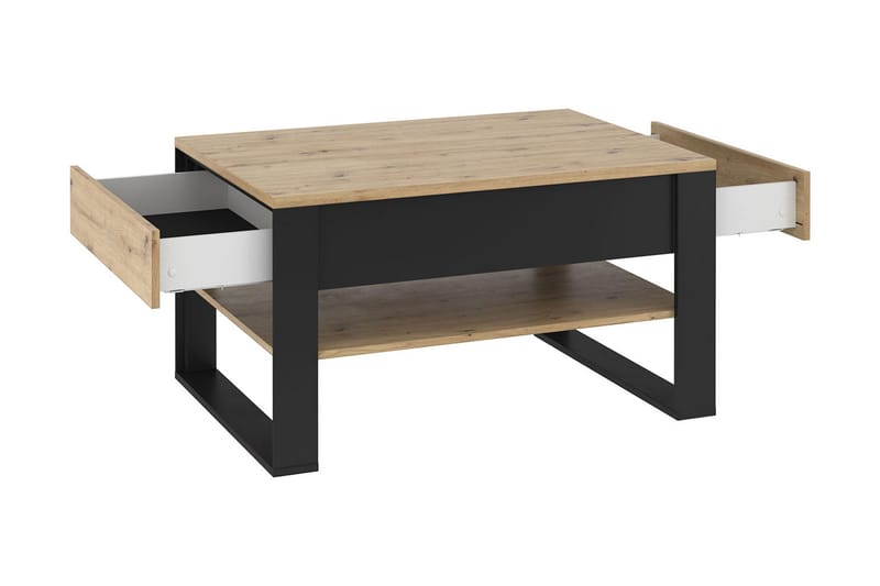 Soffbord Quant 100 cm med Förvaring 2 Lådor + Hylla - Ekfärg/Svart - Soffbord