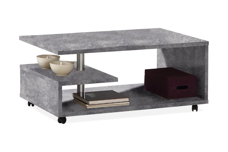 Soffbord Randels 105 cm med Förvaring Hyllor på Hjul - Betonggrå - Soffbord