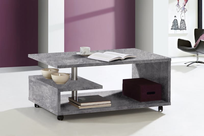 Soffbord Randels 105 cm med Förvaring Hyllor på Hjul - Betonggrå - Soffbord