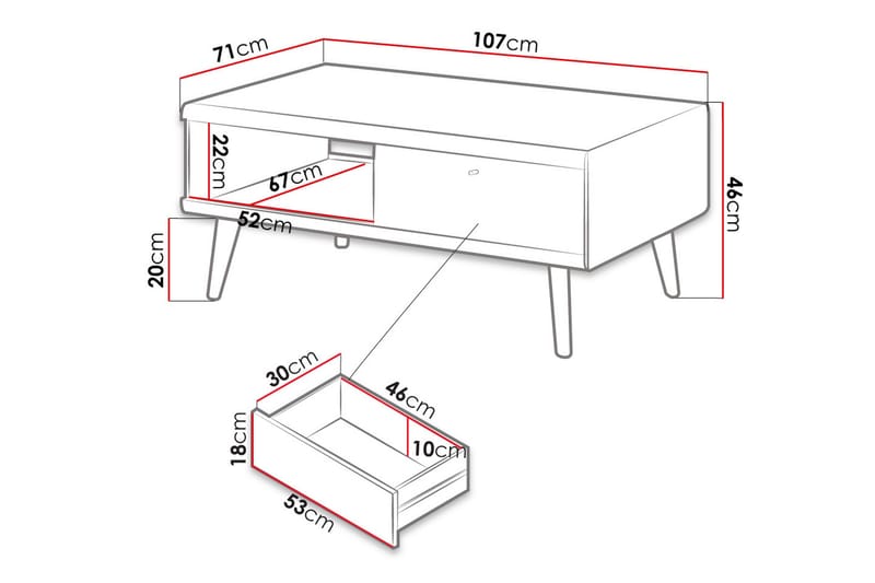 Soffbord Rocio 107 cm med Förvaring 2 Lådor + Hylla - Ekfärg/Vit - Soffbord