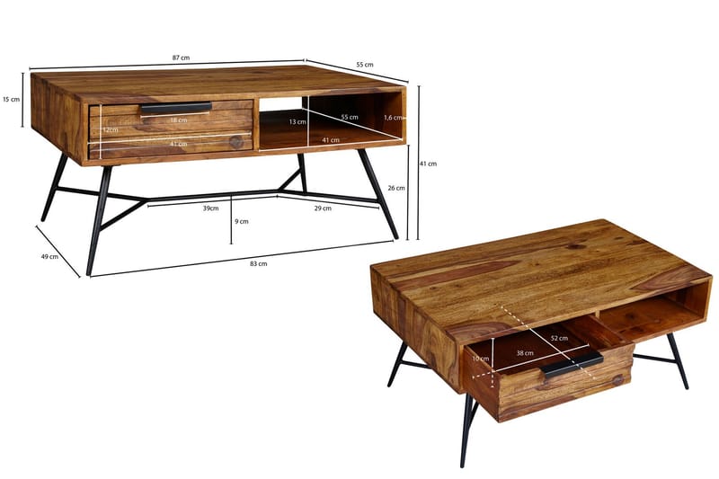 Soffbord Stamer 87 cm med Förvaring Låda + Hylla - Massivt Trä/Svart - Soffbord