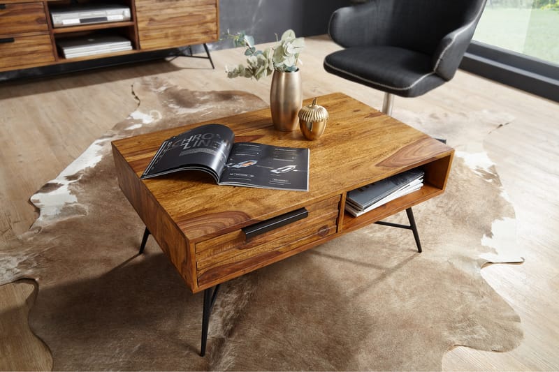 Soffbord Stamer 87 cm med Förvaring Låda + Hylla - Massivt Trä/Svart - Möbler - Bord & matgrupp - Soffbord