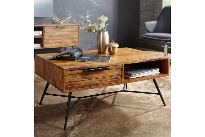 Soffbord Stamer 87 cm med Förvaring Låda + Hylla - Massivt Trä/Svart - Möbler - Bord & matgrupp - Soffbord