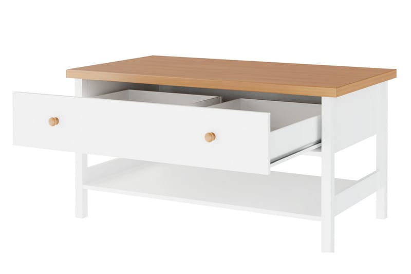 Soffbord Storina 110 cm med Förvaring Låda + Hylla - Beige/Vit - Soffbord