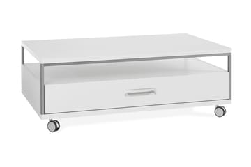 Soffbord Trenino 115 cm med Förvaring Hylla + Låda på Hjul - Vit Högglans - Möbler - Bord & matgrupp - Soffbord