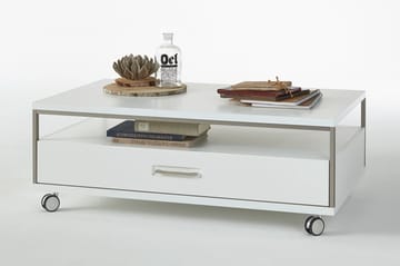 Soffbord Trenino 115 cm med Förvaring Hylla + Låda på Hjul - Vit Högglans - Möbler - Bord & matgrupp - Soffbord