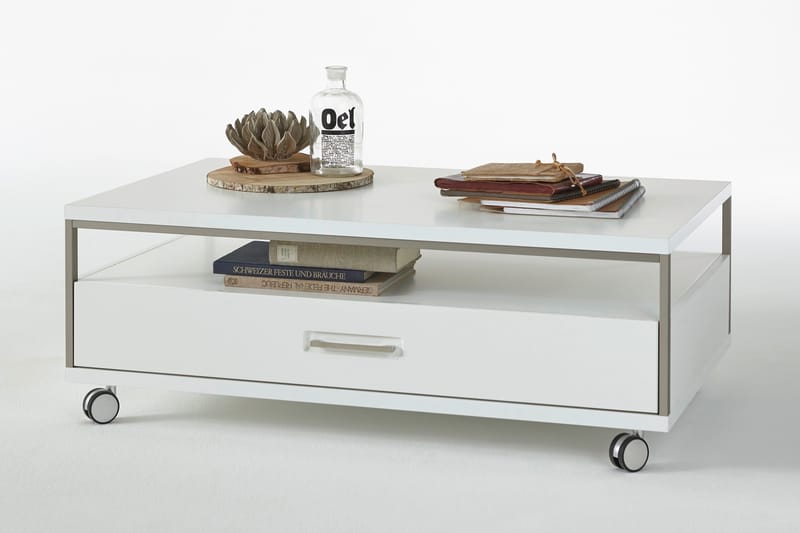 Soffbord Trenino 115 cm med Förvaring Hylla + Låda på Hjul - Vit Högglans - Soffbord