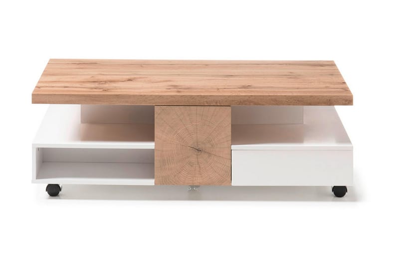 Soffbord Trimer 120 cm med Förvaring Hyllor på Hjul - Vit/Natur - Soffbord