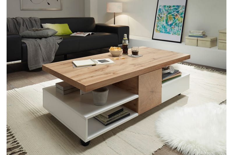 Soffbord Trimer 120 cm med Förvaring Hyllor på Hjul - Vit/Natur - Soffbord
