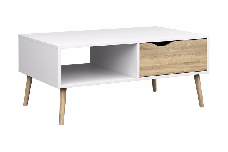 Soffbord Vasiliki 99 cm med Förvaring Låda + Hylla - Vit/Ekfärg - Soffbord