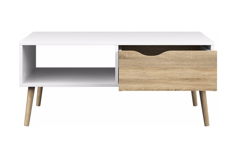Soffbord Vasiliki 99 cm med Förvaring Låda + Hylla - Vit/Ekfärg - Soffbord