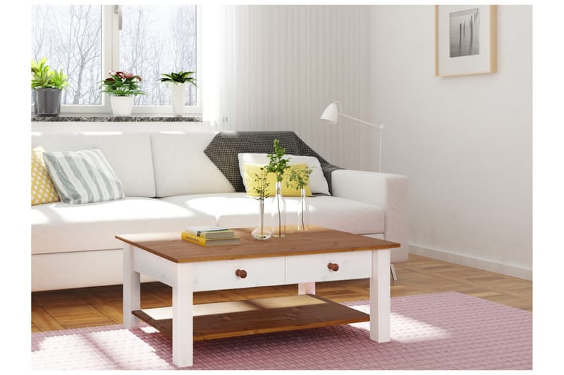 Soffbord Yamina 100 cm med Förvaring 2 Lådor + Hylla - Vit/Brun - Möbler - Bord & matgrupp - Soffbord