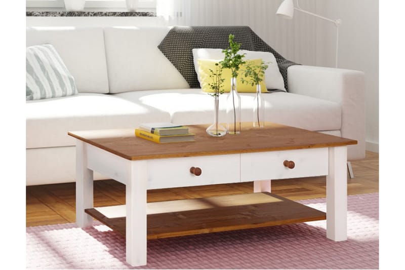 Soffbord Yamina 100 cm med Förvaring 2 Lådor + Hylla - Vit/Brun - Möbler - Bord & matgrupp - Soffbord