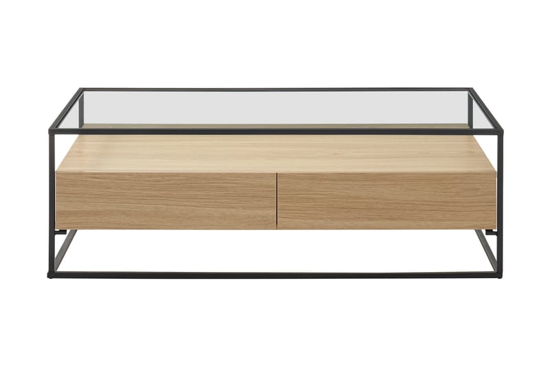 Soffbord Pitlik 120 cm med Förvaring 2 Lådor + Hylla - Glas/Ekdekor/Svart - Soffbord