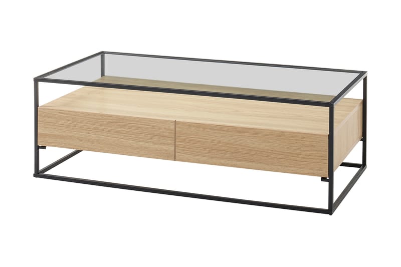 Soffbord Pitlik 120 cm med Förvaring 2 Lådor + Hylla - Glas/Ekdekor/Svart - Soffbord