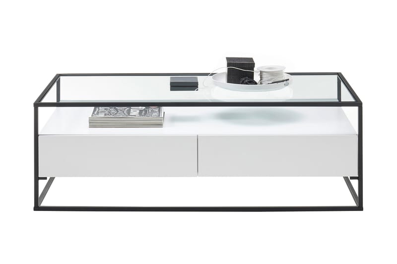 Soffbord Pitlik 120 cm med Förvaring 2 Lådor + Hylla - Glas/Vit - Möbler - Bord & matgrupp - Soffbord