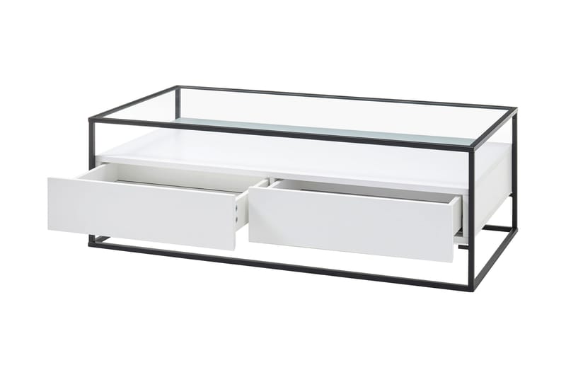 Soffbord Pitlik 120 cm med Förvaring 2 Lådor + Hylla - Glas/Vit - Soffbord
