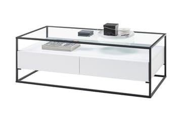 Soffbord Pitlik 120 cm med Förvaring 2 Lådor + Hylla - Glas/Vit - Möbler - Bord & matgrupp - Soffbord