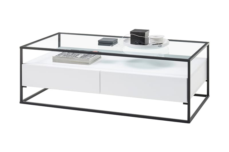 Soffbord Pitlik 120 cm med Förvaring 2 Lådor + Hylla - Glas/Vit - Möbler - Bord & matgrupp - Soffbord