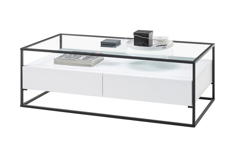 Soffbord Pitlik 120 cm med Förvaring 2 Lådor + Hylla - Glas/Vit - Soffbord