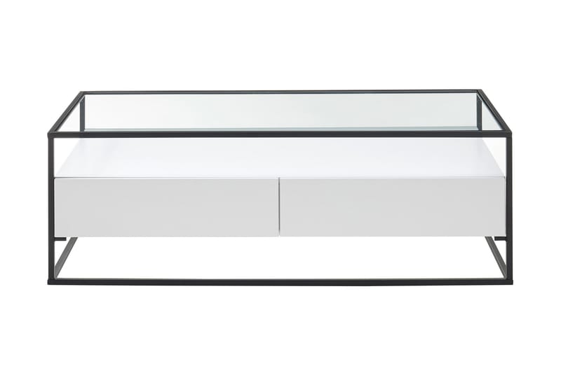 Soffbord Pitlik 120 cm med Förvaring 2 Lådor + Hylla - Glas/Vit - Soffbord