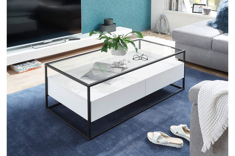 Soffbord Pitlik 120 cm med Förvaring 2 Lådor + Hylla - Glas/Vit - Möbler - Bord & matgrupp - Soffbord