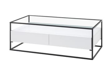 Soffbord Pitlik 120 cm med Förvaring 2 Lådor + Hylla - Glas/Vit - Möbler - Bord & matgrupp - Soffbord