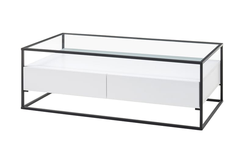 Soffbord Pitlik 120 cm med Förvaring 2 Lådor + Hylla - Glas/Vit - Soffbord