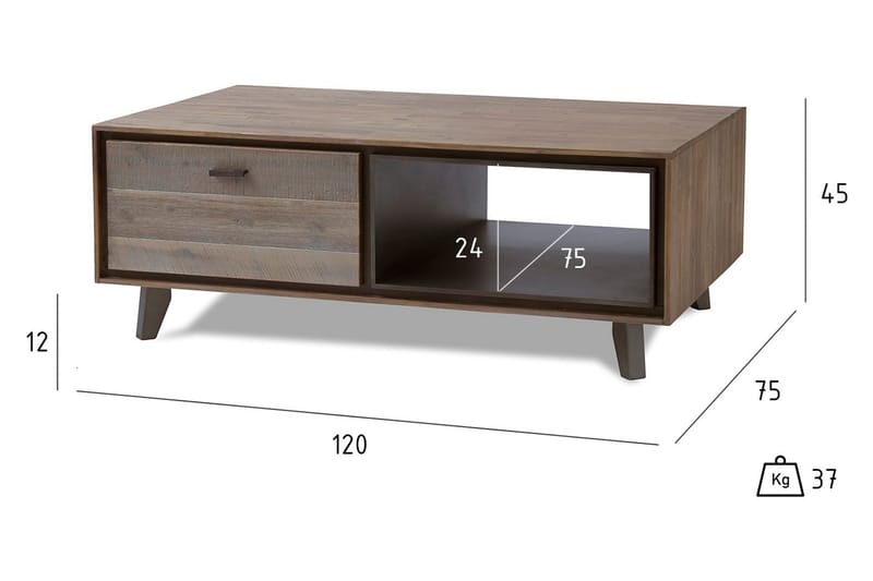 Soffbord Periana 120 cm med Förvaring Hylla + Lådor - Akacia/Beige/Grå - Soffbord