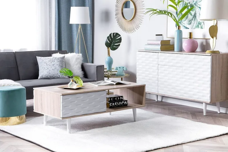 Swanea Soffbord 120 cm med Förvaring Skåp + Hylla - Ljusbrun/Vit - Möbler - Bord & matgrupp - Soffbord - Soffbord med förvaring