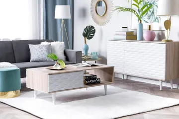 Swanea Soffbord 120 cm med Förvaring Skåp + Hylla - Ljusbrun/Vit - Möbler - Bord & matgrupp - Soffbord - Soffbord med förvaring