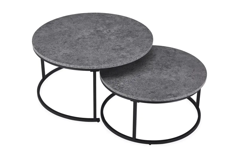 Thyra Runt Satsbord - 2 soffbord 90 och 75 cm med Stenutseende och Metallben - Grå & Svart - Möbler - Bord & matgrupp - Soffbord