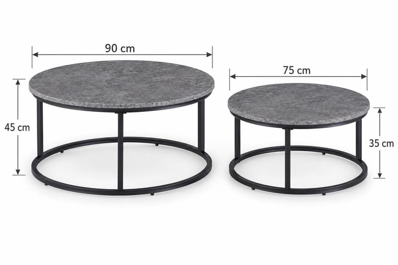Thyra Runt Satsbord - 2 soffbord 90 och 75 cm med Stenutseende och Metallben - Grå & Svart - Möbler - Bord & matgrupp - Soffbord