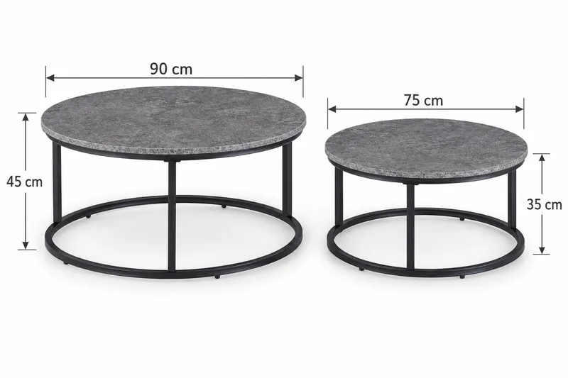 Thyra Runt Satsbord - 2 soffbord 90 och 75 cm med Stenutseende och Metallben - Grå|Svart - Möbler - Bord & matgrupp - Soffbord