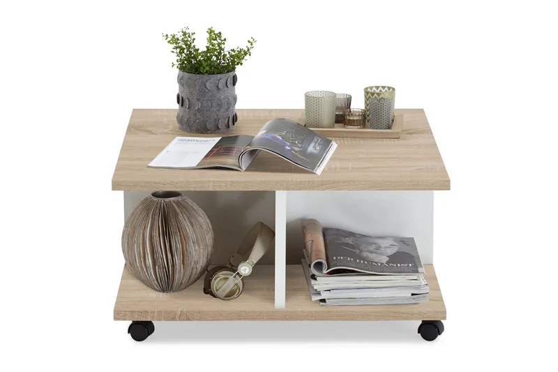 Twin Soffbord 70 cm med Förvaring Lådor på Hjul - Vit/Ljus Ekfärg - Möbler - Bord & matgrupp - Soffbord
