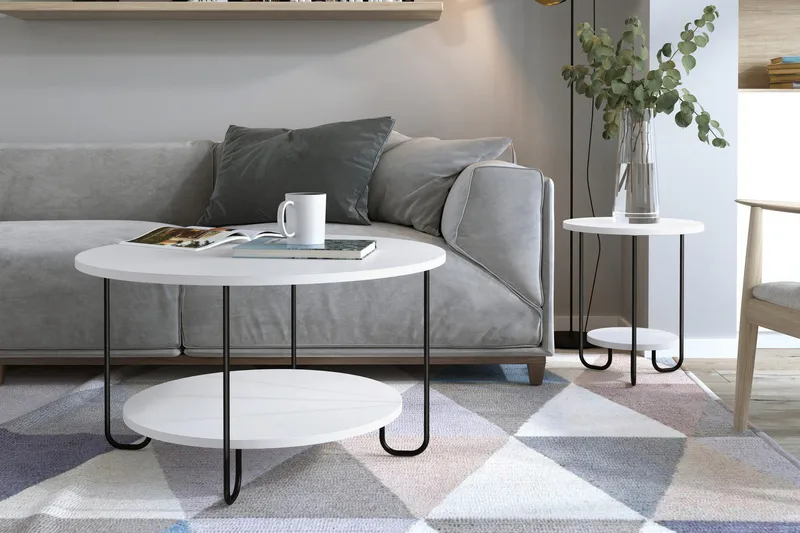 Ullavi Soffbord 80 cm Runt med Förvaring Hylla - Vit/Svart - Möbler - Bord & matgrupp - Soffbord - Soffbord med förvaring