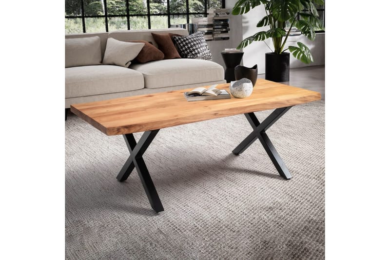 Soffbord Wohnling 120 cm massivt trä träd kant rektangulärt lantligt hus Svart, X-ram - Svart, X-ram - Möbler - Bord & matgrupp - Soffbord