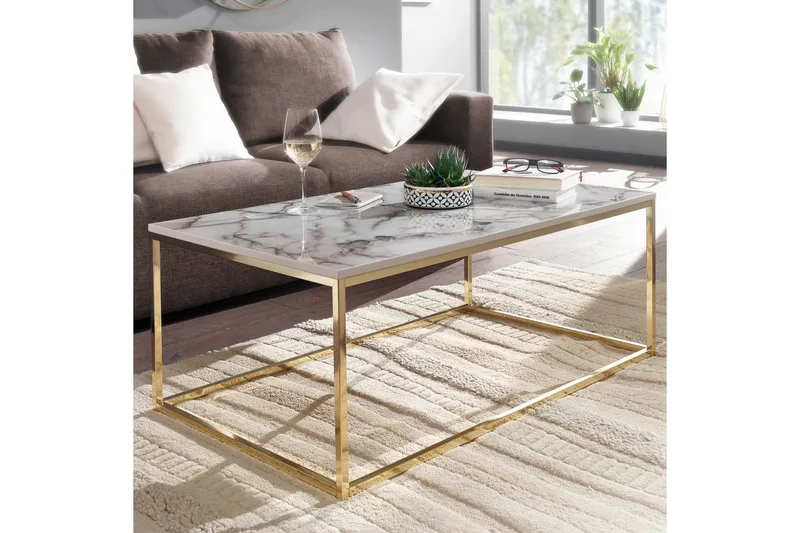 Soffbord Wohnling marmorutseende, rektangulär elegant, modern stil Guld, Marmorvit - Guld, Marmorvit - Möbler - Bord & matgrupp - Marmorbord