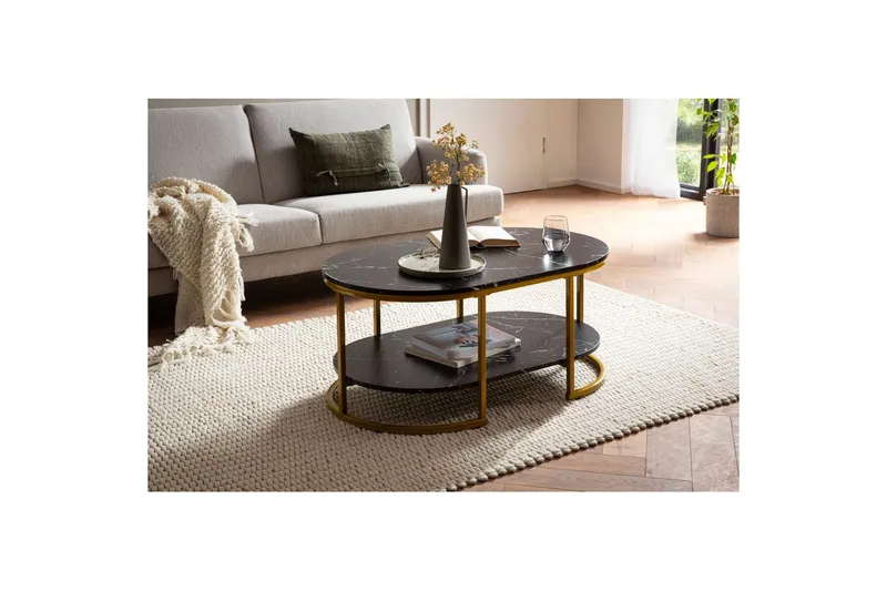 Soffbord Wohnling marmorutseende ovalt 100 cm med förvaringshylla, Bauhaus-stil Marmor Svart - Marmor Svart - Möbler - Bord & matgrupp - Soffbord