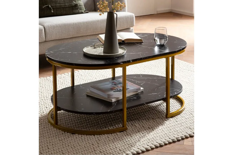Soffbord Wohnling marmorutseende ovalt 100 cm med förvaringshylla, Bauhaus-stil Marmor Svart - Marmor Svart - Möbler - Bord & matgrupp - Soffbord