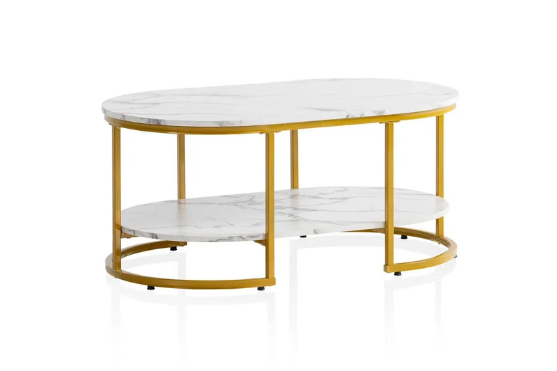 Soffbord Wohnling marmorutseende ovalt 100 cm med förvaringshylla, Bauhaus-stil Marmor Vit, Marmor Vit