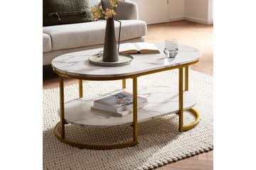 Soffbord Wohnling marmorutseende ovalt 100 cm med förvaringshylla, Bauhaus-stil Marmor Vit - Marmor Vit - Möbler - Bord & matgrupp - Soffbord