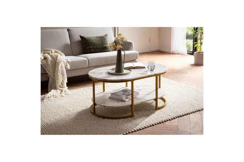 Soffbord Wohnling marmorutseende ovalt 100 cm med förvaringshylla, Bauhaus-stil Marmor Vit - Marmor Vit - Möbler - Bord & matgrupp - Soffbord