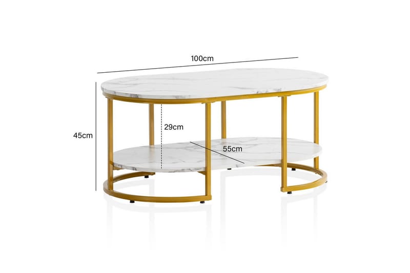 Soffbord Wohnling marmorutseende ovalt 100 cm med förvaringshylla, Bauhaus-stil Marmor Vit - Marmor Vit - Möbler - Bord & matgrupp - Soffbord