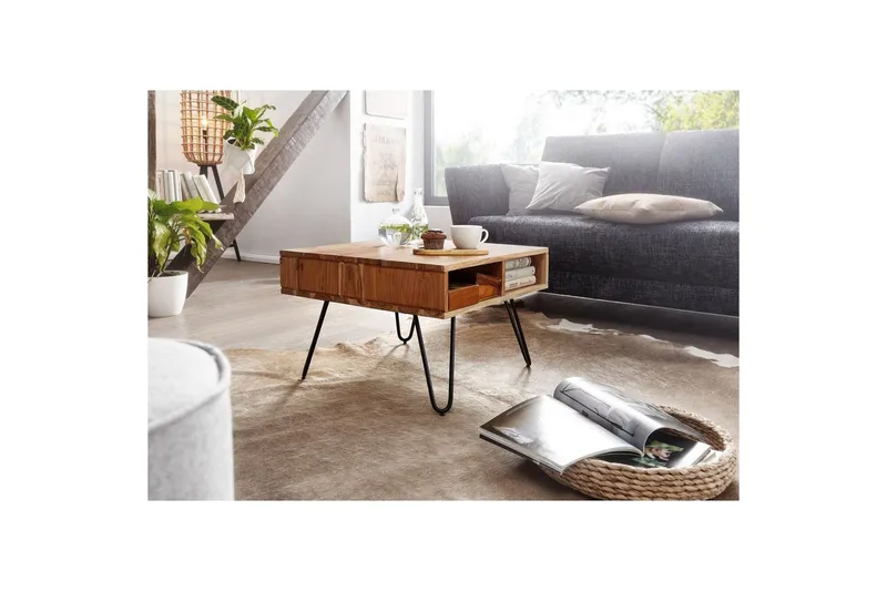 Soffbord Wohnling Massivt trä 60 cm fyrkantig med 4 förvaringsbrickor lantligt - Möbler - Bord & matgrupp - Soffbord