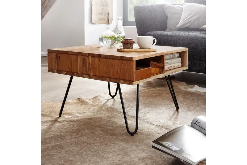 Soffbord Wohnling Massivt trä 60 cm fyrkantig med 4 förvaringsbrickor lantligt - Möbler - Bord & matgrupp - Soffbord